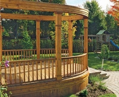 Large wooden decks with archway