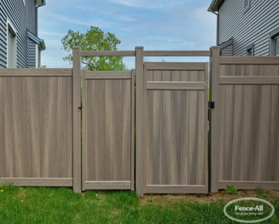 alexandria (left) and stratford w/board topper (right) gates in green teak